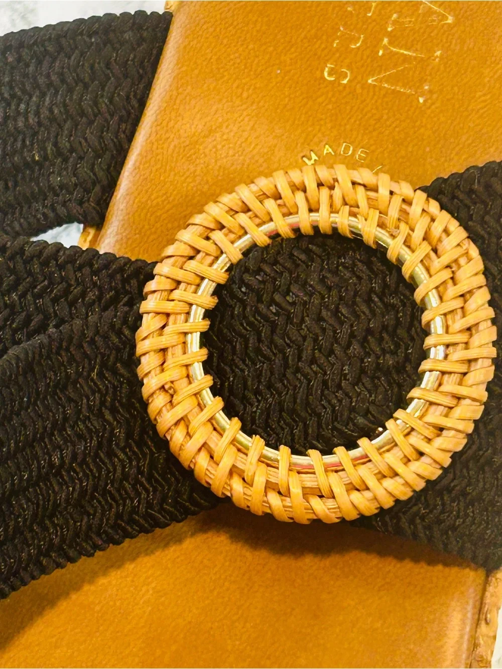 Italian Shoemakers Black and Tan Wedge Sandals with Rattan Accent